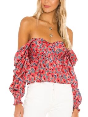 House of Harlow 1960 Red Floral Off Shoulder Peplum Top Long Sleeve Size Large